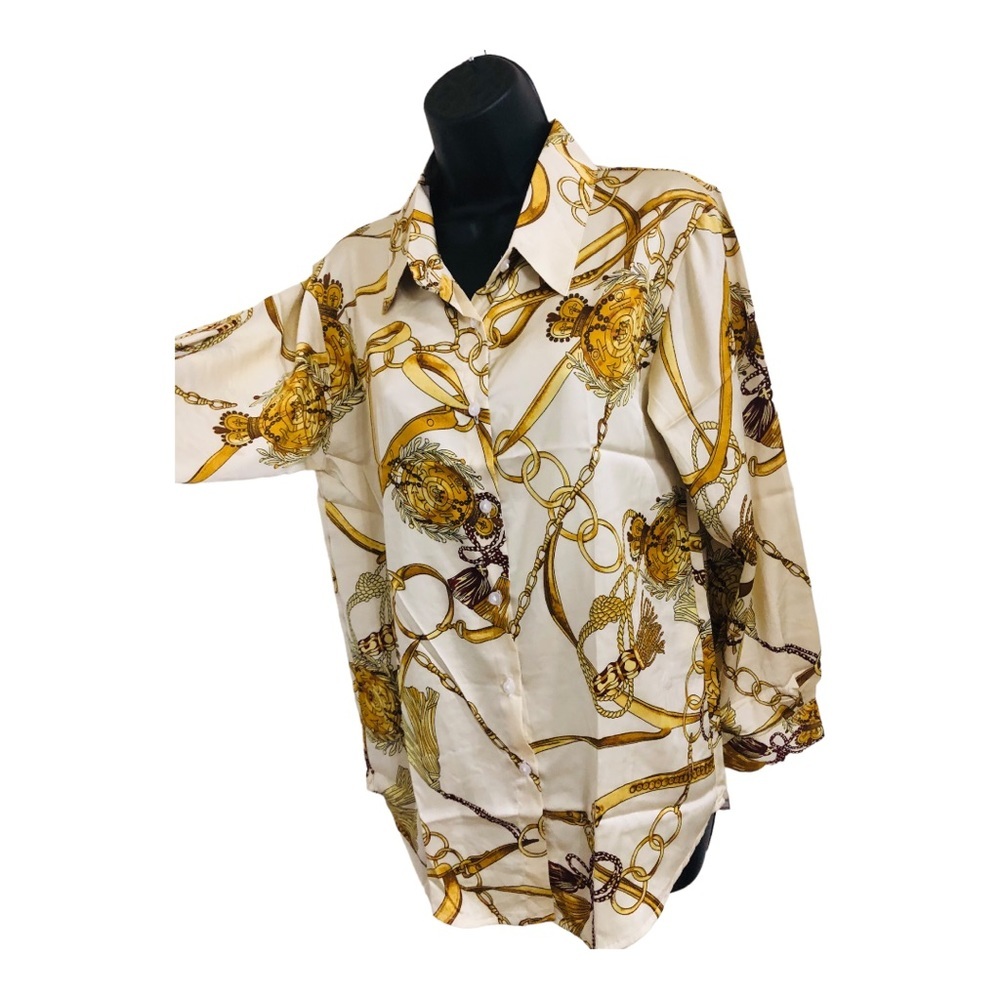 Designer look ivory satin look gold chain print button‎ down blouse top size XL